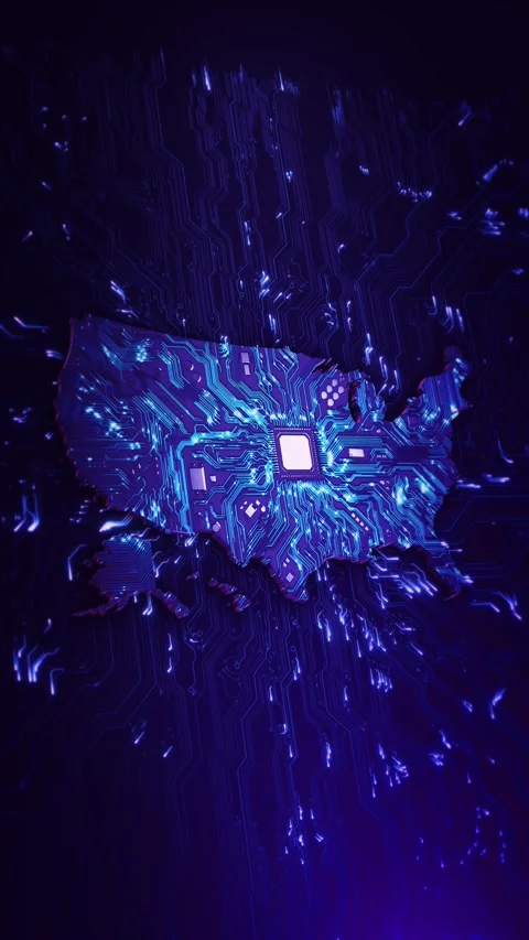 USA AI Semiconductor Map with Circuit Board Processor Video stock 342615074