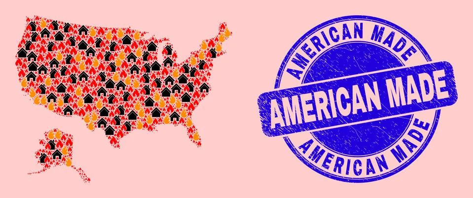 USA with Alaska Map Composition of Fire and Buildings and Grunge American Made Ilustración de archivo