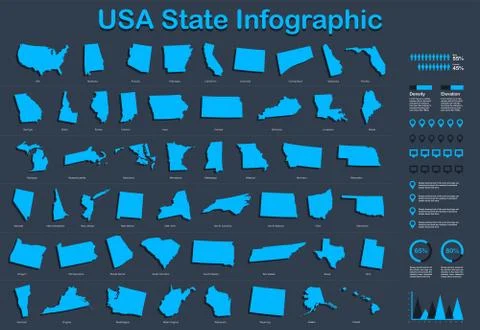 USA All State Map with Set of Infographic Elements in Blue Color in Background Illustrazione stock