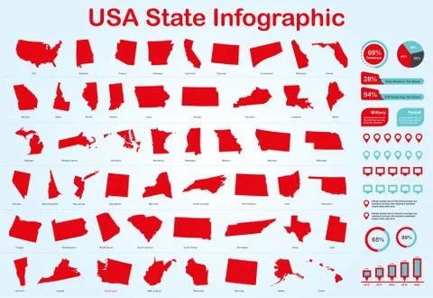 USA All State Map with Set of Infographic Elements in Red Color Illustrazione stock