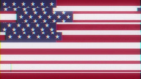 USA America flag on jumpy glitch interference old computer lcd led tube tv Stock Footage 83297688
