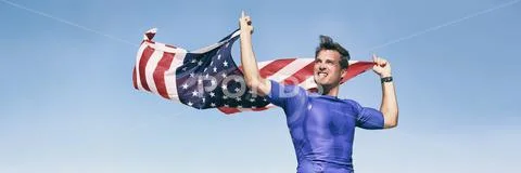 USA american athlete waving flag in success winning competition race on ...