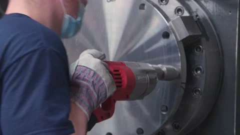 USA American Worker with machine tool metal factory plant drilling cnc machines Stock Footage 161801215