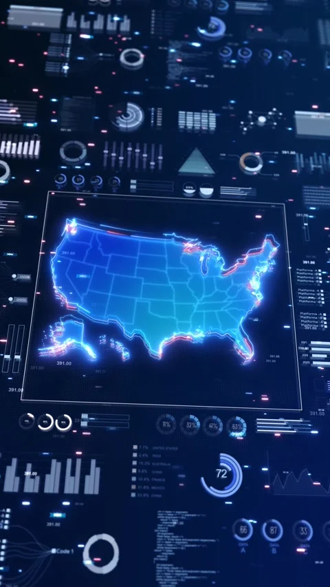 USA Analytics Dashboard Interface with Glowing Digital Map Stock Footage 342617469