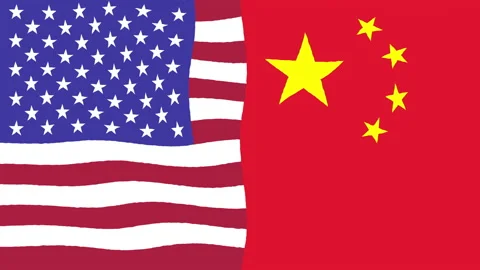 USA and China Wavy Flags Split Screen Motion Graphic Background Stock Footage 203998524