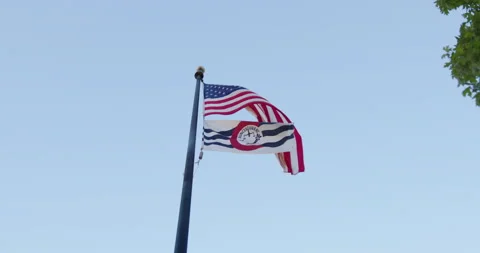 USA and Cincinnati Flags Waving in Sky - Cincinnati, OH Stock Footage 136650256