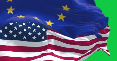 USA and the EU flags waving in the wind isolated on green background. Stock Footage 329556613