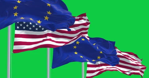 USA and the EU flags waving isolated on green background Stock Footage 330114206