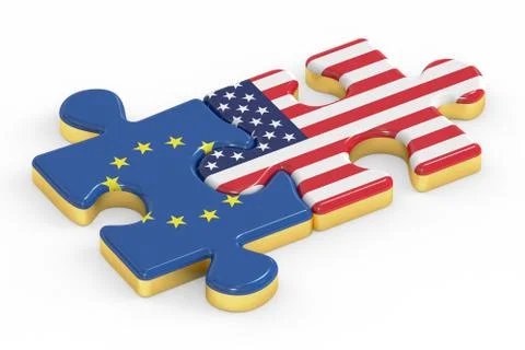 USA and EU puzzles from flags, relation concept. 3D rendering Stock Illustration