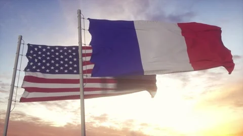 USA and France flag on flagpole. USA and France waving flag in wind. USA and Stock Footage