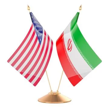 USA and Iran desk flags on stand. Diplomatic relations, negotiation and geo.. Stock Illustration