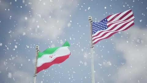 Usa And Iran Flags Waving In Snow, This footage is editorial use in news Stock-Footage 336287997
