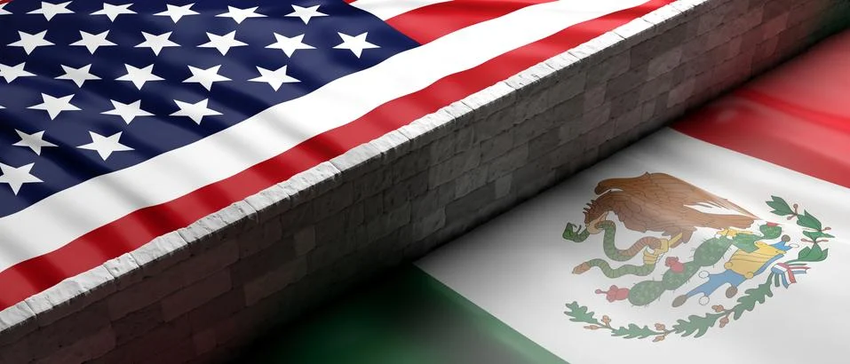USA and Mexico split. Border wall between US of America and Mexico flags. 3d Stock Illustration