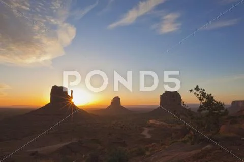 USA, Arizona, Monument Valley Tribal Park, West Mitten Butte at sunset Stock Photos