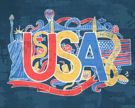USA art abstract hand lettering and doodles elements background. Vector Illustrazione stock