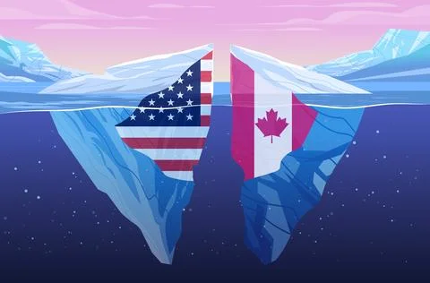 USA Canada trade war tariffs war iceberg split conflict concept two icebergs Stock Illustration
