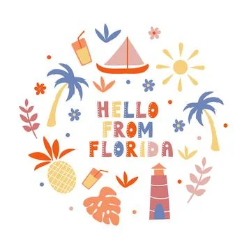 USA collection. Hello from Florida theme. State Symbols Stock Illustration