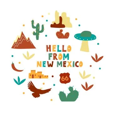 USA collection. Hello from New Mexico theme. State Symbols Ilustración de archivo