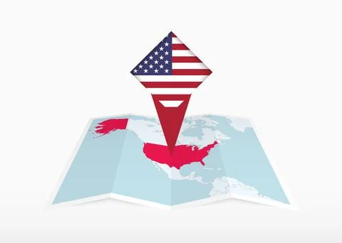 USA is depicted on a folded paper map and pinned location marker with flag .. Stock Illustration