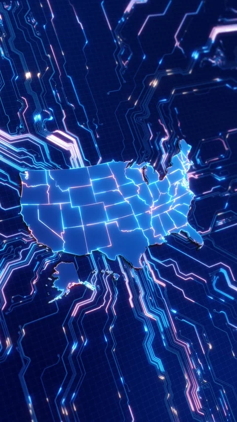 USA Digital Circuit Network Map with Futuristic Technology Connections Stock Footage 342617844
