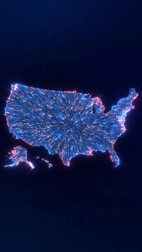 USA Digital Data Map with Fast Particle Burst and Network Rays Stock Footage 342617596