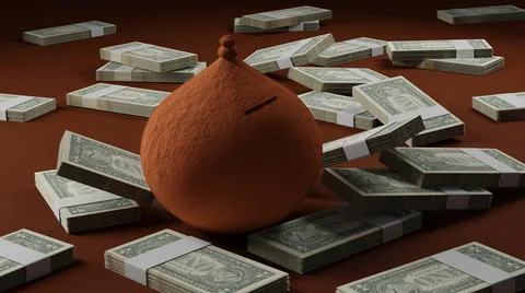 USA Dollar 1 Currency Notes with a Pottery Coin Bank - 3D Illustration 스톡 일러스트