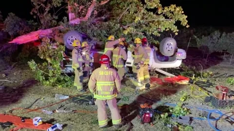 USA: Driver Extricated After Rollover Near Alisos Canyon Rd. Causes Power Ou... Stock Footage 280374310