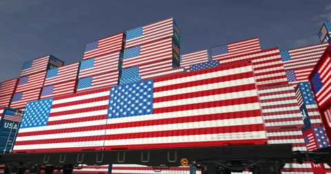 USA export containers on cargo train wagons loop Stock Footage 276911456