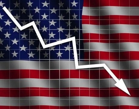 The USA flag and arrow graph going down Stock Illustration