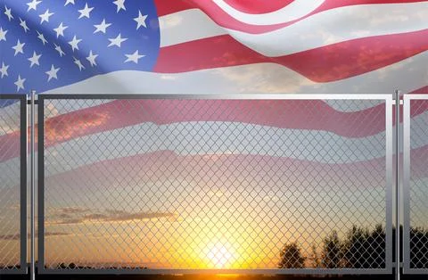 USA flag and migration border fence against the sunset Stock Illustration