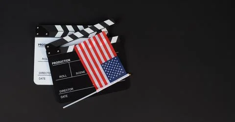 Usa flag and two Clapper board on black background Stock Photos