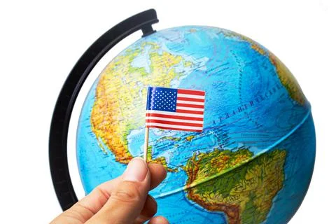 USA flag on background of globe with map Stock Photos