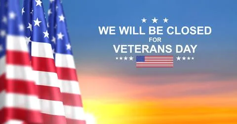 USA flag on background of sunset or sunrise. Greeting card for Veterans Day Stock Illustration