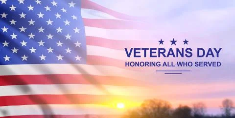 USA flag on background of sunset or sunrise. Greeting card for Veterans Day Stock Illustration