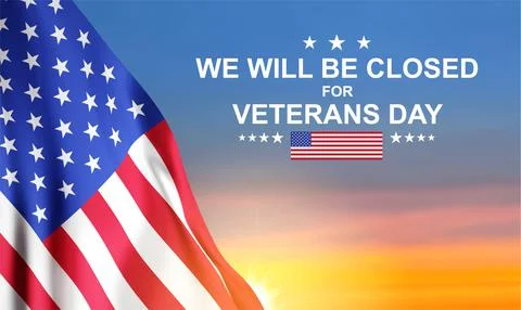 USA flag on background of sunset or sunrise. Greeting card for Veterans Day Stock Illustration