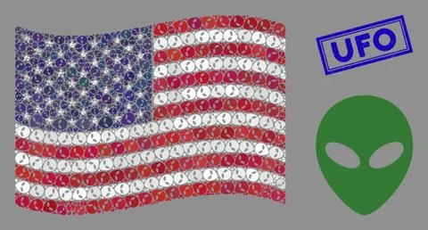 USA Flag Collage of Alien Face and Grunge UFO Stamp 스톡 일러스트