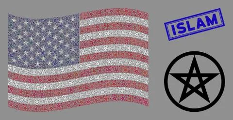 USA Flag Collage of Star Pentacle and Textured Islam Stamp Illustrazione stock