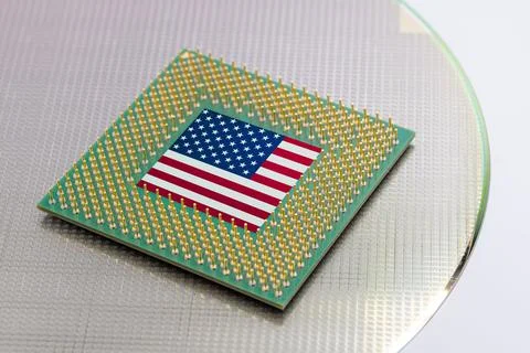 USA flag on Computer Chip for Chip War Concept. Global chipmakers CPU Centr.. Stock Photos