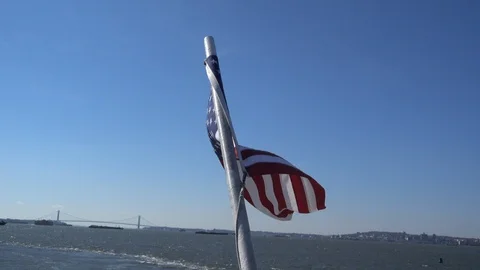USA flag on ferry at upper New York bay Stock Footage 90497628