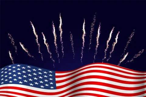 USA flag on firework background. Vector design template. 스톡 일러스트