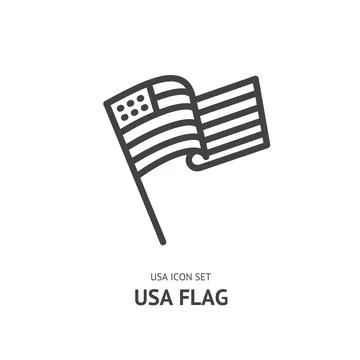 USA Flag on Flagpole Black Thin Line Icon American Symbol Concept. Vector Stock Illustration