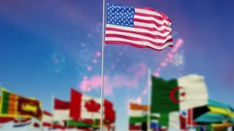 USA  Flag With Flags Of The World And Fireworks Moring And Night 3D Rendering Stock-Footage 149960768