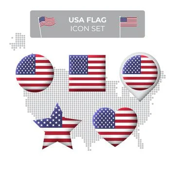 USA flag icons set in the shape of square, heart, circle, stars, map marker Stock Illustration