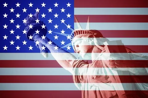 USA flag in minimalistic composition with statue of liberty in background Stock Illustration