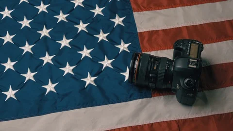USA flag in slow motion. Camera lies on Flag Stock Footage 126496353