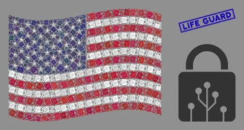 USA Flag Stylization of Circuit Lock and Grunge Life Guard Stamp Stock Illustration