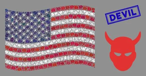 USA Flag Stylization of Daemon Head and Distress Devil Stamp Stock Illustration