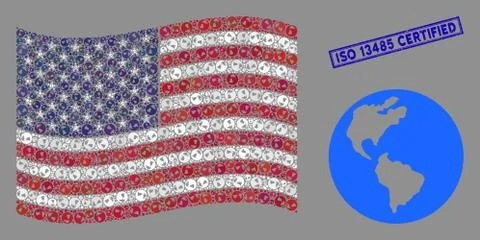 USA Flag Stylization of World Globe and Textured ISO 13485 Certified Seal Stock Illustration