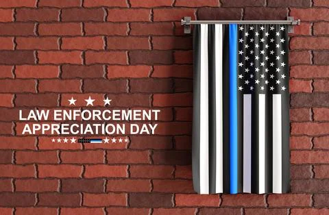 USA flag with Thin Blue Line on a brick wall Stock Illustration