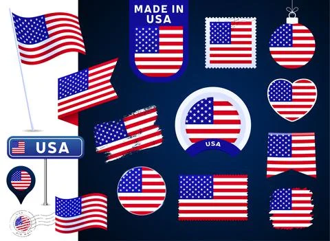 Usa flag vector collection. big set of national flag design elements in diffe Illustrazione stock